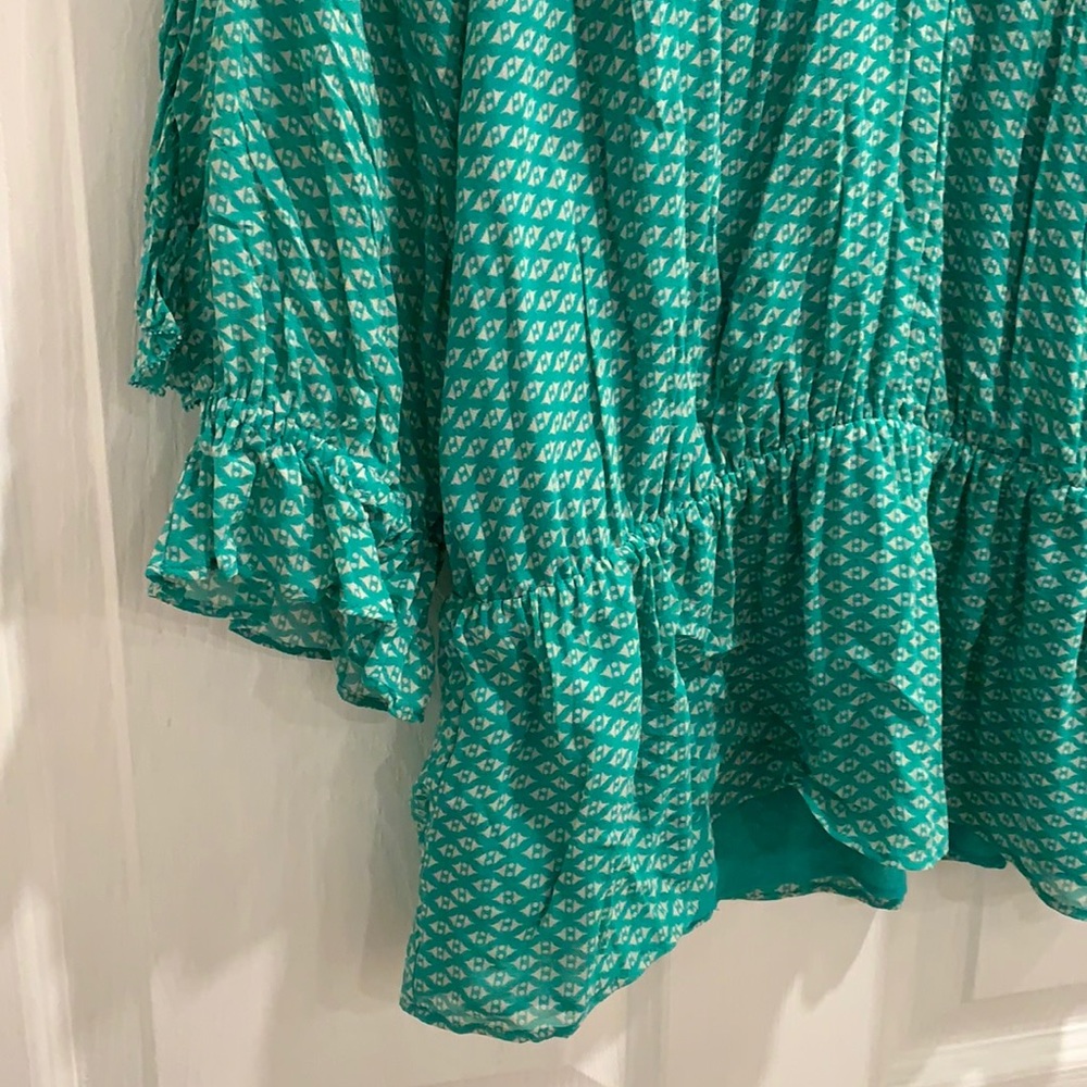 Joie Zaida Ruffle Silk Turquoise Green Pattern Top - Picture 5 of 13